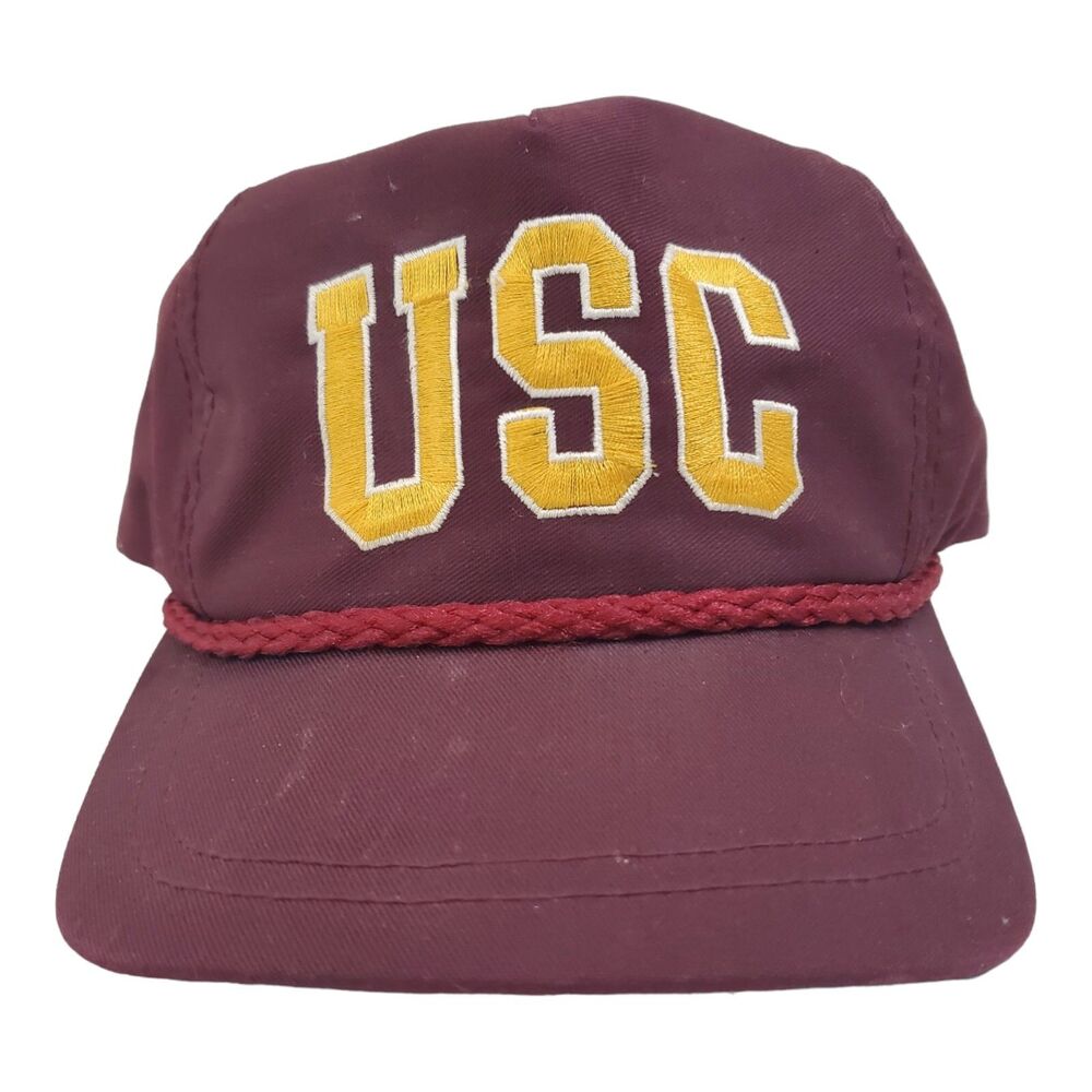 Vintage USC TROJANS Hat Red Logo Spell Out Rope Bill Snapback Retro College